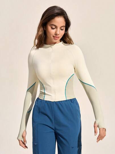 Exploreva Chaqueta ajustada para exteriores con cremallera, cuello alto y ribete de contraste para mujer