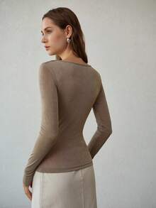 MOTF PREMIUM FASHIONABLE ASYMMETRIC SHOULDER SLIM FIT PLEATED CASUAL LONG SLEEVE T-SHIRT FOR WOMEN, SPRING/SUMMER - Champagne - View 3
