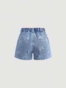 SHEIN 少女蝴蝶结装饰蓝色牛仔荷叶边宽松短裤，夏季休闲时尚度假风，街头穿搭，2000年代风格，舒适柔软牛仔面料，舒适柔软牛仔短裤，夏季牛仔短裤，中腰裤 - 淺色水洗藍 - 查看 3
