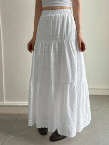 Livesso 宽松波西米亚度假风时尚办公街头风纹理褶皱提花镂空蕾丝拼接女裙，春夏款 - 白色 - 查看 4