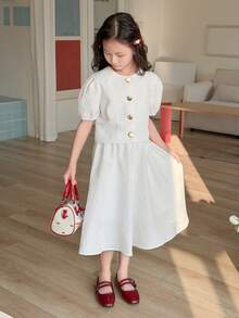 DAZY 2pcs Tween Girls Textured Fabric Short Sleeve Cardigan And Skirt Set, Fall Outfit