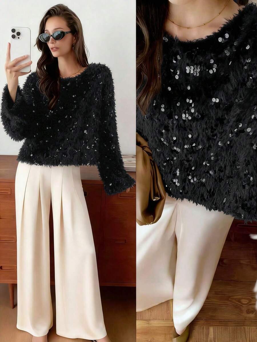 Elyressa 1pc Fashionable Fluffy Sequin European Design Loose Relaxed Fit Crew Neck Pullover Sweater, Cropped Soft & Cozy Elegant Women Winter - Black - View 1
