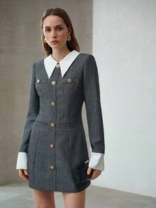 MOTF PREMIUM HERRINGBONE WAIST CINCHED MINI DRESS, MINIMALIST FOR DAILY COMMUTE - Multicolor - View 1