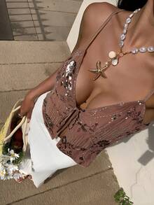 Serisse Correa de atar con bordado de cuentas, estilo casual para vacaciones de verano - Marrón - Ver 3