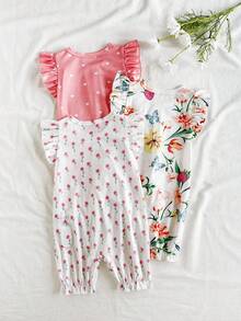 SHEIN Vintaside Kids Bộ áo liền quần 3 món in hình côn trùng cho bé gái, gồm áo tay ngắn bèo nhún và quần short gấu nhún, trang phục thoải mái thường ngày cho mùa hè. - Nhiều màu - Xem 2