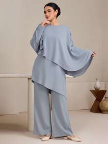 Graceveil Women's Asymmetrical Top With Button Decoration On Sleeve And Pants, Arabic Style Outfit Set