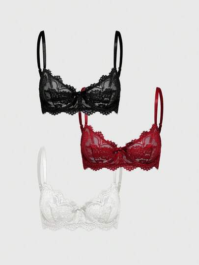 3 pièces Set de soutien-gorge à armatures avec garniture en dentelle pour tous les jours et décontracté