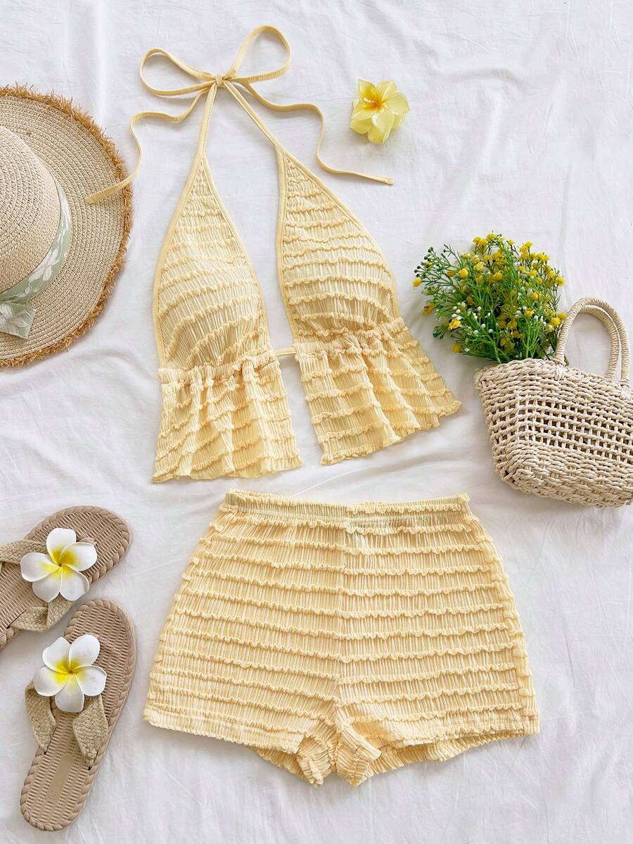 SHEIN WYWH 女士度假休闲纯色露背吊带上衣和短裤两件套 - 淡黃色 - 查看 1