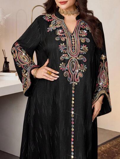 Al Najma Casual Geometric Line Print Embroidered Mandarin Collar Cut-Out Long Sleeve Loose Regular Spring/Autumn Plus Size Women Arabic Dress