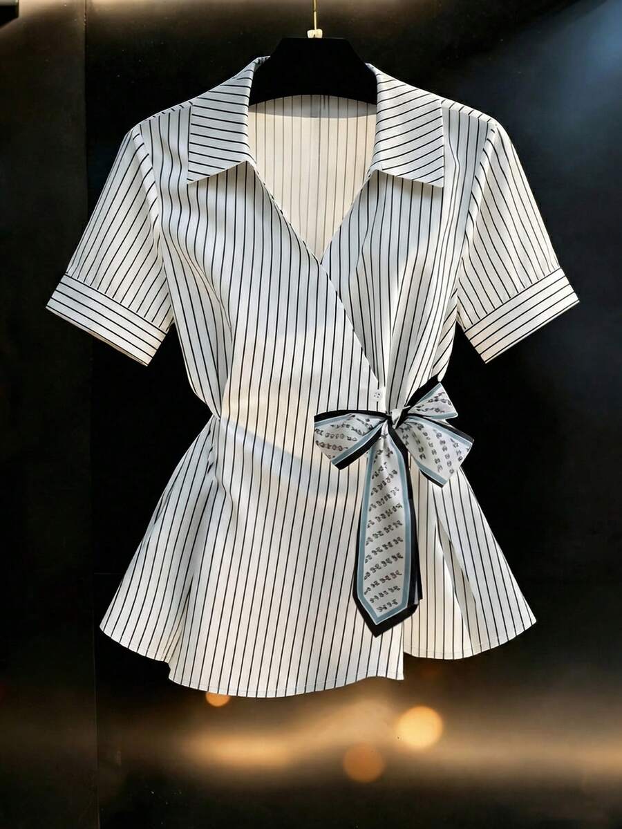 SHEIN Franclia Women's Collared Short Sleeve Ribbon Bow Blouse - Black and White - View 1