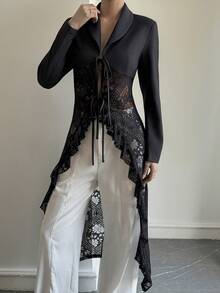 Livesso Black Lace Patchwork Mid-Length Shirt, Hollow Out Blouse, Elegant For Valentine's Day, Wedding, Party, Formal Occasion, Fashion, Commute, Tie-Up Women Blazer Jacket - Black - View 5