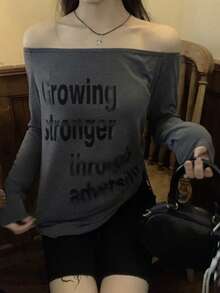 DAZY Camiseta de manga larga con estampado de letras en inglés al estilo coreano con hombros descubiertos para mujer, primavera/verano - Gris - Ver 2