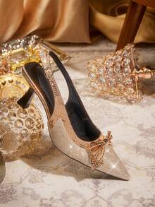 CUCCOO TILAWA 女士时尚尖头露跟蝴蝶结装饰高跟鞋，撞色设计，套脚式，舒适休闲通勤鞋，适合夏秋穿着 - 香檳色 - 查看 3