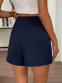 Elyressa Women's Solid Color High Waist Casual Commuter Versatile Shorts - Navy Blue - View 2