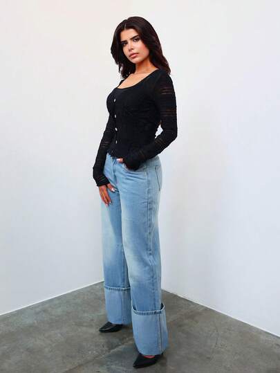 Hindelle 女式合身纯色V领长袖针织蕾丝衬衫，休闲