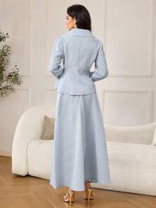 Modelyn 女士珍珠装饰腰部上衣和A字裙法式两件套 - 藍色 - 查看 3