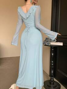 DAZY Đầm dài ngang gối thanh lịch dành cho nữ, phối ren, xếp ly ở gấu váy, thích hợp cho dự tiệc cưới mùa xuân/hè. - Màu xanh lam - Xem 2