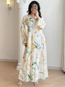 Yasmyna Al-Adha Elegant Ivory Floral Abaya Dress For Women,Long Sleeve V-Neck Modest Maxi With Lace Cuffs,Floral Print Tassel Turkish Arabic Long Robe - Multicolor - View 6