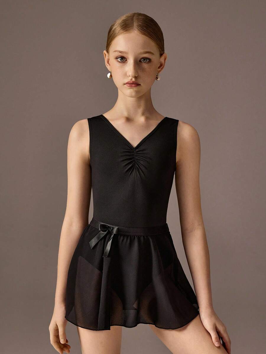 Tween Girls Ballet Leotard & Skirt Set, Sleeveless High Stretch Leotard With Pleated Bust Design Paired With Lightweight Chiffon Skirt - Black - View 1