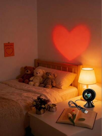 Teckwe 1pc Compact USB Rechargeable Dimmable 360 Degree Rotatable Romantic Sunset Red Pink Gradient Color Heart Shaped Projection LED Night Light For Bedroom Living Room Party Home Decor Holiday Atmosphere Creation Photography Background Lighting Multi Scene Use Long Lasting Lamp