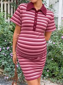 SHEIN Maternity Clothes Maternity Dress Maternity Striped Button Half-Placket Short Sleeve Casual Nursing Dress Vacation Pink - Pink - View 6