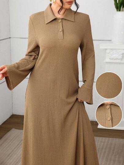 Mulvari Knitted Solid Color Textured Fabric Shirt Collar Button Decor Long Sleeve Loose Elegant Everyday Dress