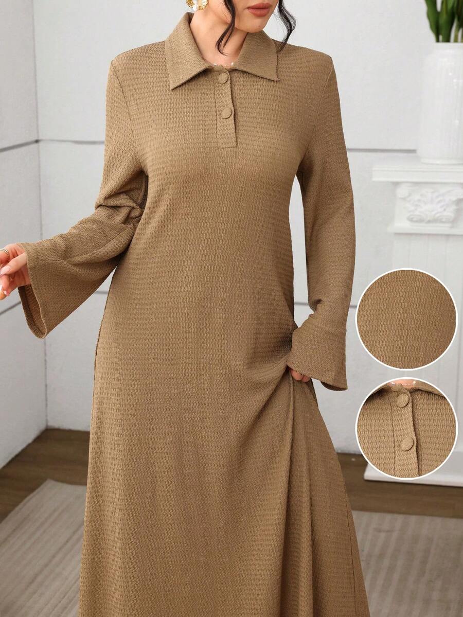 Mulvari Knitted Solid Color Textured Fabric Shirt Collar Button Decor Long Sleeve Loose Elegant Everyday Dress - Brown - View 1