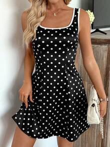 SHEIN LUNE Vestido corto sin mangas con cuello cuadrado, cintura marcada y dobladillo acampanado, con lunares negros y ribete blanco, elegante para mujer - Negro - Ver 4