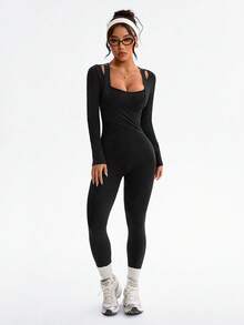 Dewbera 1 bộ áo liền quần yoga không đường may dành cho nữ, màu trơn, thiết kế chéo phía trước, tay dài, áo liền quần ôm sát co giãn cao, áo liền quần thể thao ôm dáng, phù hợp cho các hoạt động giải trí, chạy bộ, yoga, thể dục, tennis và các hoạt động khác. - màu đen - Xem 3