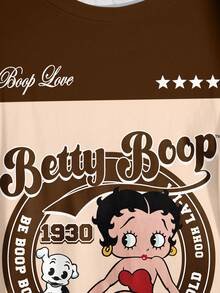 Betty Boop x SHEIN 大码女式夏季休闲通勤时尚街头字母卡通图案撞色短袖T恤 - 白色 - 查看 4