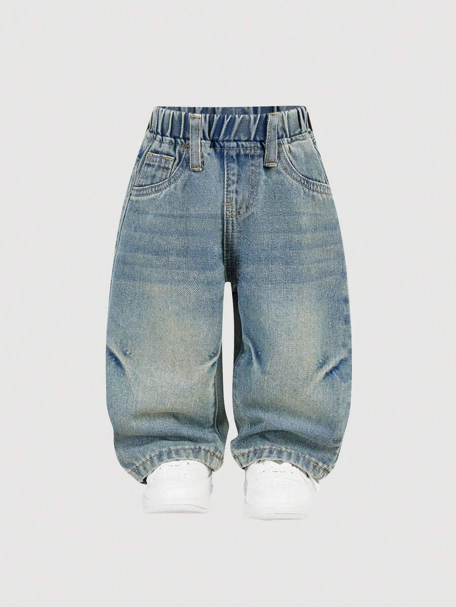 SHEIN Toddler Boys' Loose Straight Leg Dark Blue Denim Pants - Light Wash - View 1