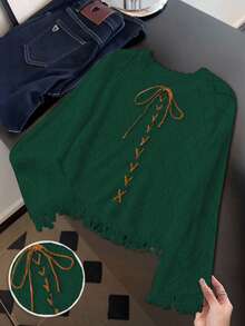 SHEIN Franclia 博主风时尚撞色系带镂空花卉流苏套头毛衣，欧美新品 - 綠色 - 查看 3