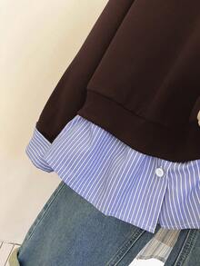 INAWLY Women's Casual Striped Shirt Collar Slogan Print Drop Shoulder Long Sleeve Sweatshirt, Autumn Primavera A Estate Brown - Coffee Brown - View 4