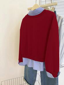 INAWLY Women's Autumn Slogan Print Patchwork Striped Shirt Collar Long Sleeve Casual 2 In 1 Sweatshirt, Christmas - Red - View 2