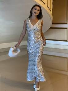 Livesso V-Neck Sequin Sleeveless Midi Party Dress For Wedding Guest Sparkly Dress Sundress - Apricot - View 3
