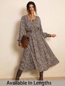 SHEIN PETITE CURVE Damen Große Größen Lässig Kleid mit Allover-Muster V-Ausschnitt - Verschiedenfarbig - Übersicht 3