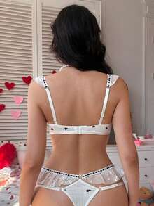 PetitDoll Valentine's Day Heart Print Cute Women's Lingerie Set, Ruffled Strap Underwire Bra, 2pcs Panty Set - White - View 2