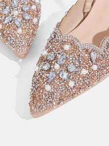 CUCCOO TILAWA Women's Fashionable & Elegant Crystal Heel, Rhinestone Pointed Toe Laser Cut Champagne High Heel Pumps, Suitable For Banquet, Party And Other Occasions Valentine's Day - Champagne - View 6