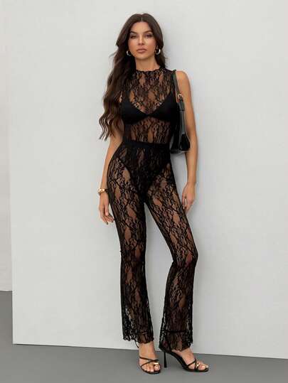 SHEIN Tall Lace Long Sleeve Sheer Jumpsuit With Sheer Pants Set