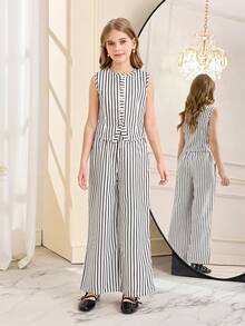 Tween Girl Striped Single-Breasted Top And Wide-Leg Pants Casual Suit - Beige - View 3