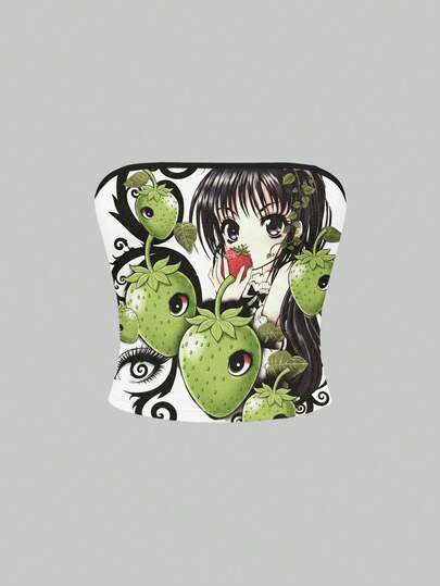 Anime Top tubo con estampado de flores vintage y ojos de fresa para mujeres, con estilo lindo y kawaii de horror oscuro