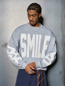 PAVTROS 男士街头风流行INS同款微笑3D泡沫印花火焰泡沫户外音乐节夜店男友/老公礼物周年纪念礼物浅灰色套头衫