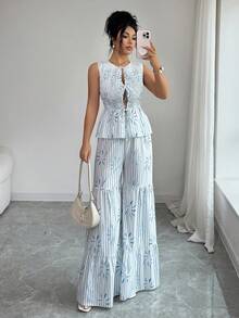 SHEIN Elenzya Tie-Front Bow Striped Print Camisole And Pants Set - Blue and White - View 3