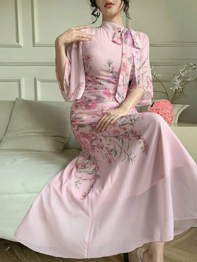 Women's Elegant Floral Print Ruched Tie Neck Flounce Sleeve Midi Dress, Spring/Summer Wedding Guest Dress Easter Sundress