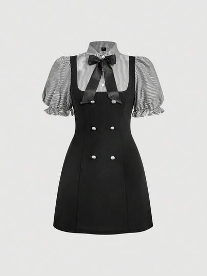 SHEIN MOD Große Größen Schwarz-Weiß Doppelreiher gestreiftes Patchwork Kleid mit Schleife vorne, mit 2-in-1 Design. Ein süßer, preppy Stil Kleid, perfekt für den Alltag oder Dates. Elegantes kurzes A-Linien Kleid für Frühling/Sommer.