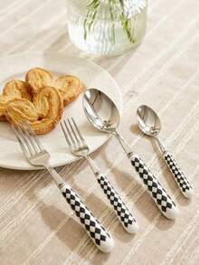 Cirelle 1件/2件套陶瓷柄不锈钢餐具，抛光表面，饰以优雅的格纹图案，包含甜点勺、餐叉和汤匙——创意厨房用具套装，包含叉子、茶匙和汤匙，是日常用餐的理想之选。 - 彩色 - 查看 8