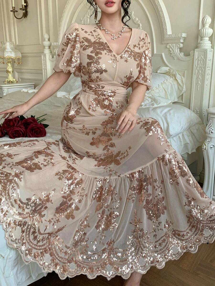 DAZY 女士优雅花卉亮片V领泡泡袖荷叶边下摆连衣裙，夏季婚礼宾客礼服/吊带裙 - 粉色 - 查看 1