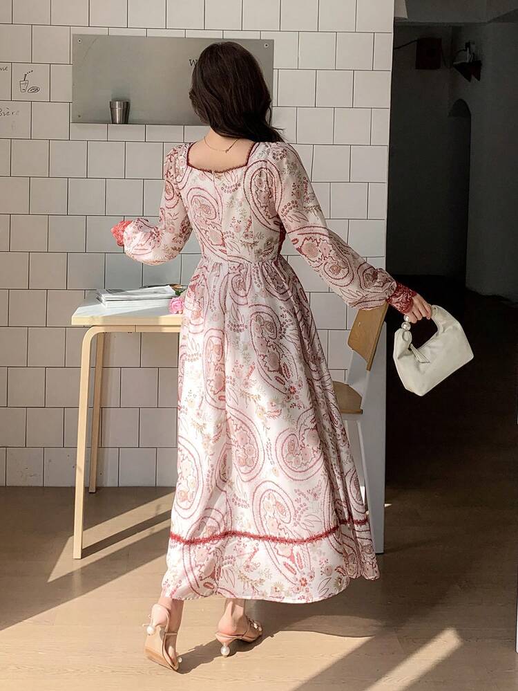 Women's Elegant Floral Print Square Collar Lantern Sleeve Lace Patchwork Dress, Spring/Summer Wedding Guest Dress Sundress Boho