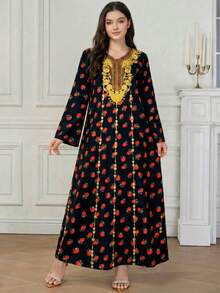 Teen Girl Casual Fashionable Middle Eastern Maxi Dress, Classic Print Pattern Loose Fit Comfortable, Suitable For Summer, Autumn, Spring Daily, Commute, Outing, Party, Photography Wear - Multicolor - View 2