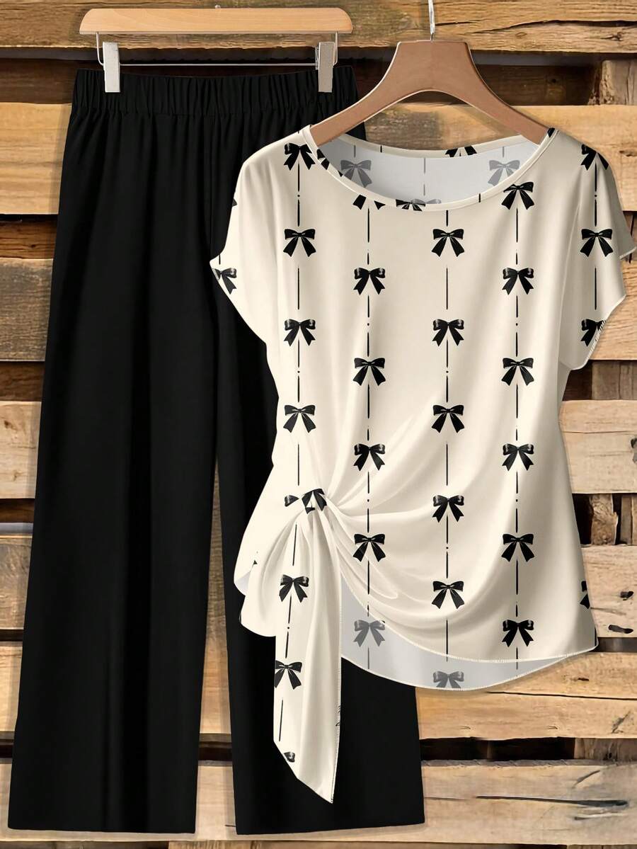 SHEIN Clasi 2pcs Women's Casual Minimalist Beige Shirt With Black Bow Print & Loose Black Pants Set, Spring Summer, Vacation, Valentine's Day, Country Style, Daytime, Garden, Walking - Multicolor - View 1
